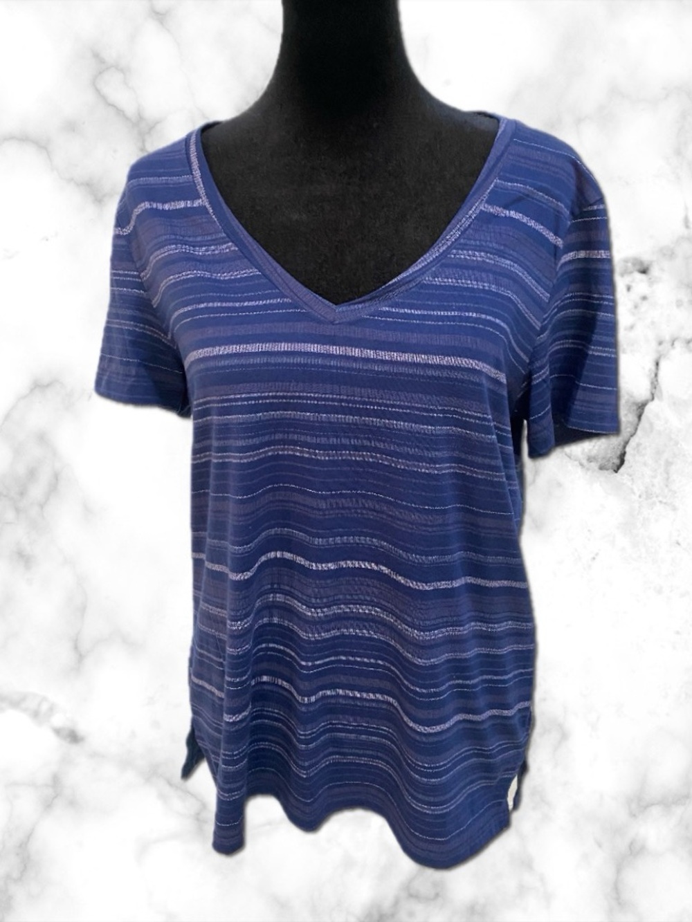Eddie Bauer Navy Blue Striped V-Neck Short Sleeve Top